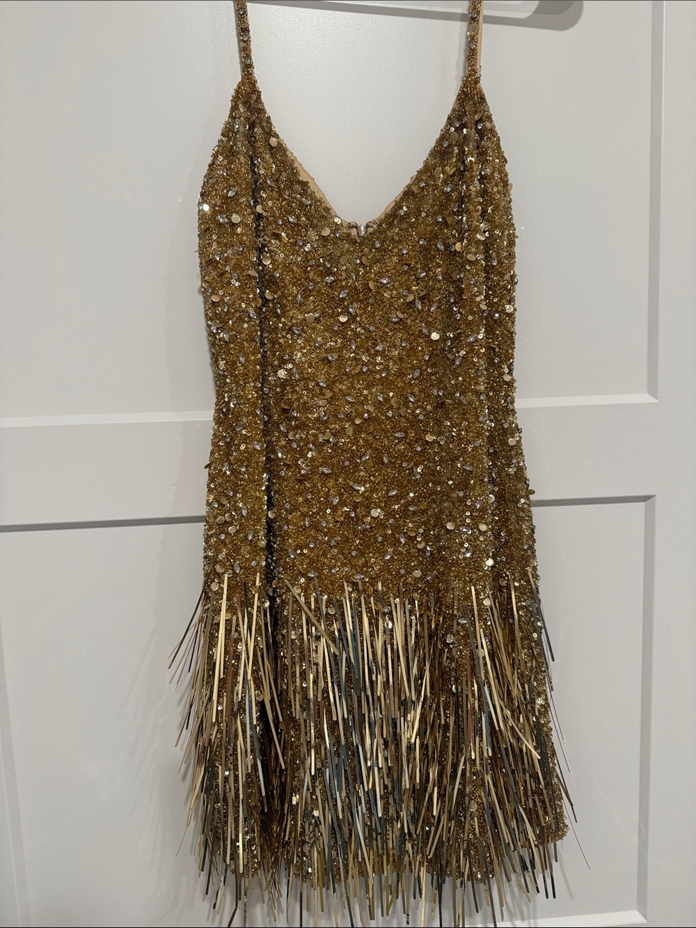 NADINE MERABI Gold Sequin Fringe Mini Dress